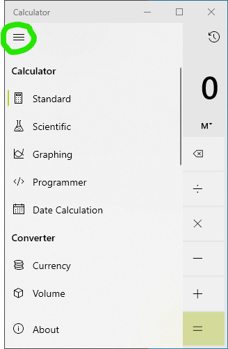 Windows 10 Calculator 
Mode selector button