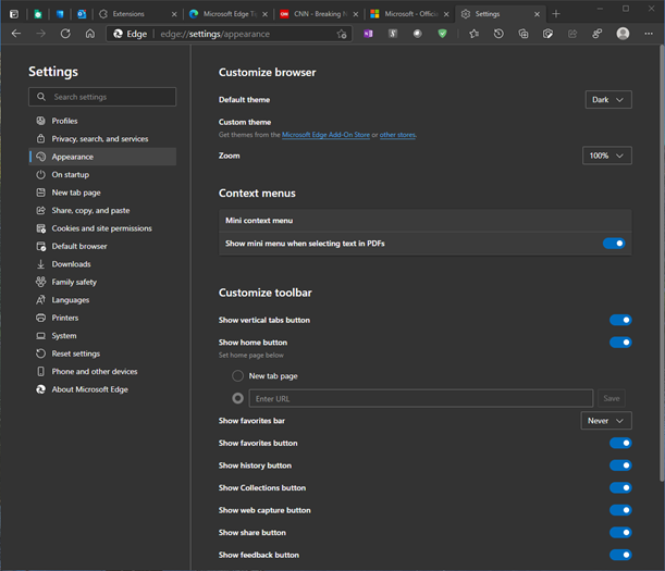 Microsoft Edge appearance settings