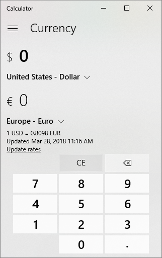 Windows 10 Calculator
Currency Converter mode