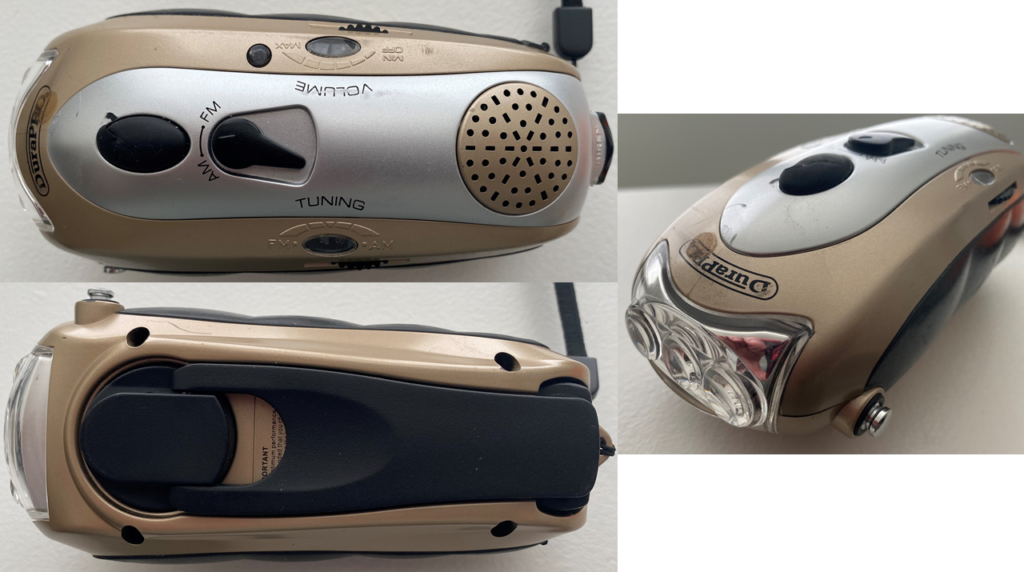 Portable lighting
Hand-crank rechargeable
Radio