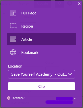 OneNote Web Clipper options