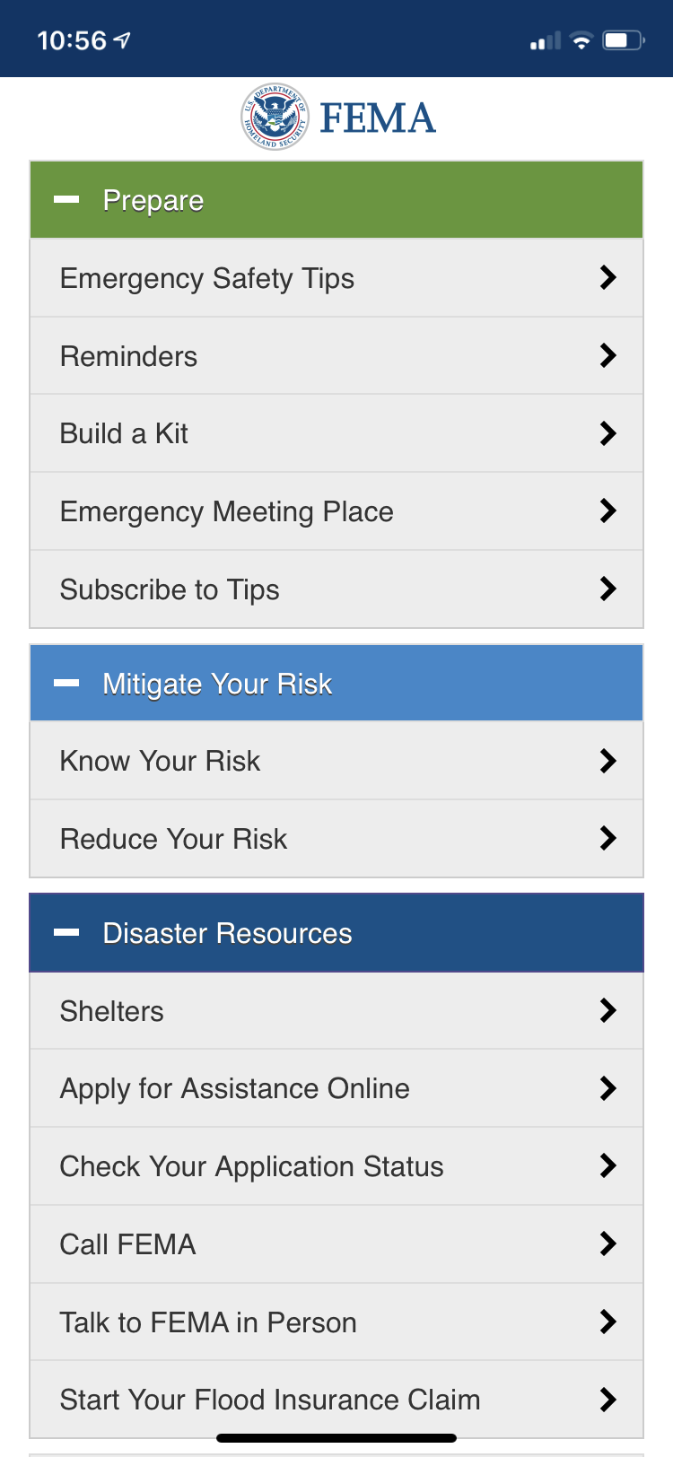 FEMA app categories