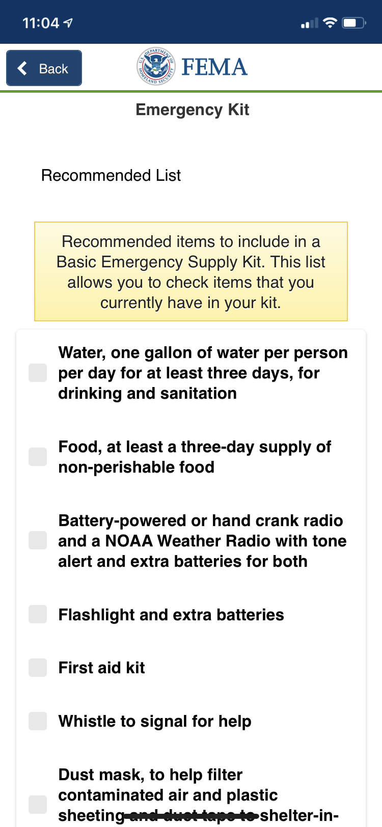 FEMA app emergency kit